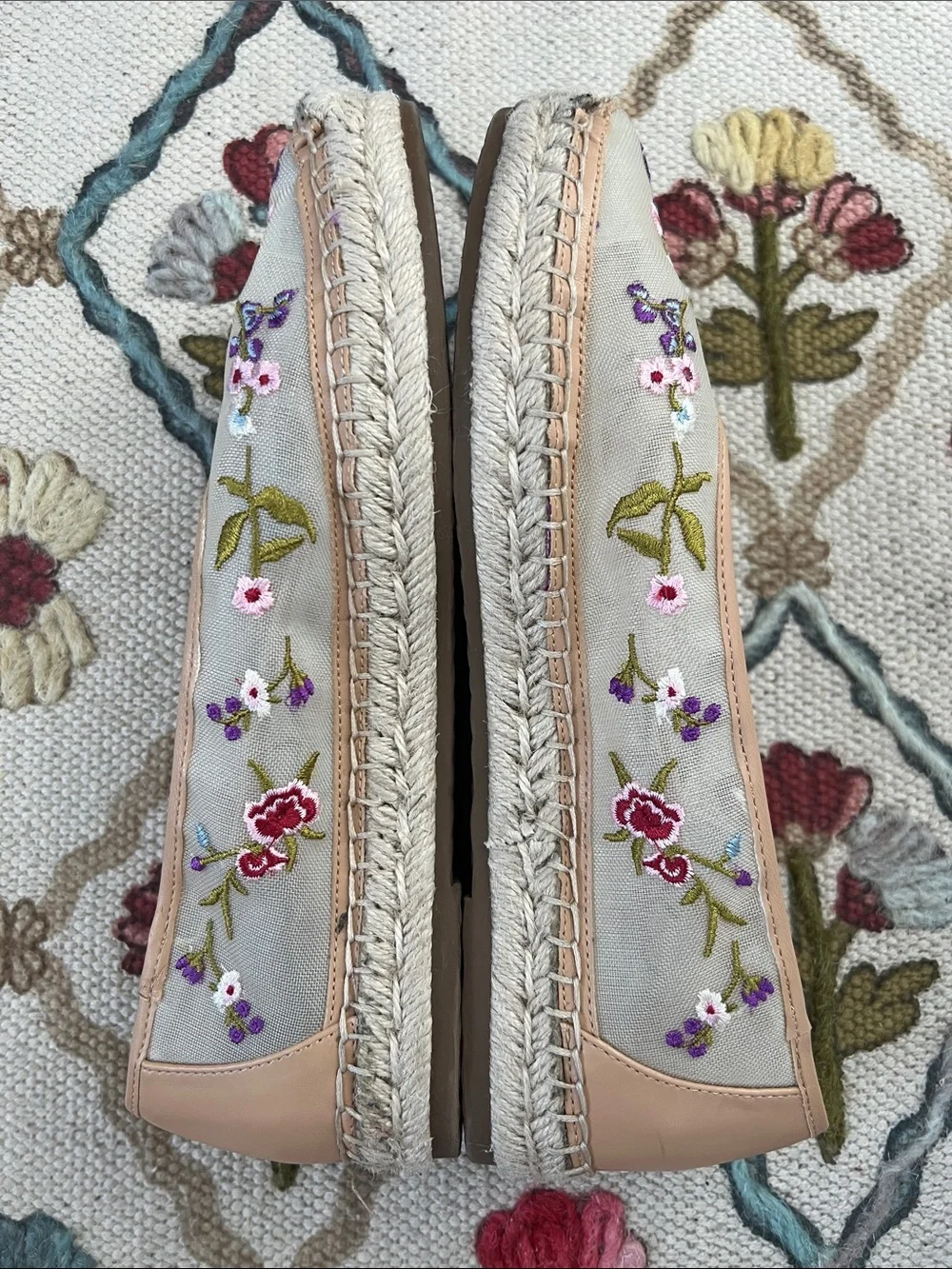 Jessica Simpson Beige Canvas Floral Embroidered Espadrilles